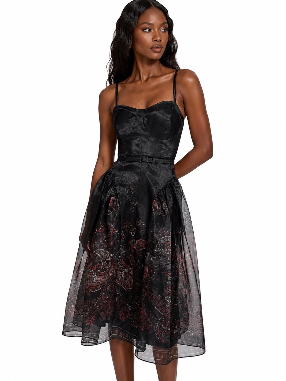 NWT BCBG Generation Black Paisley Organza Overlay Fit & Flare Midi Dress Size 4